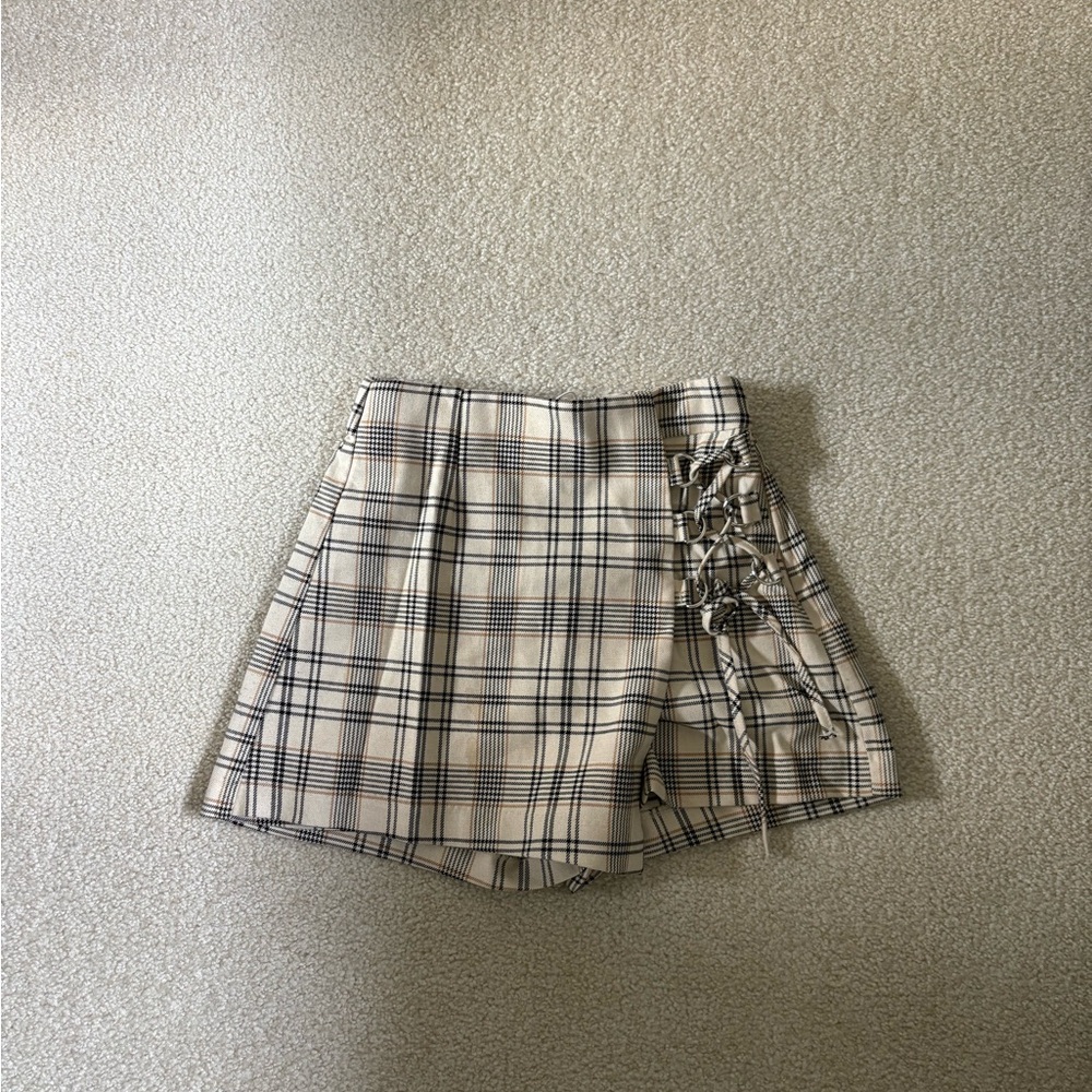 Bershka Plaid Skirt with Lace-Up Detail - Cream and Black